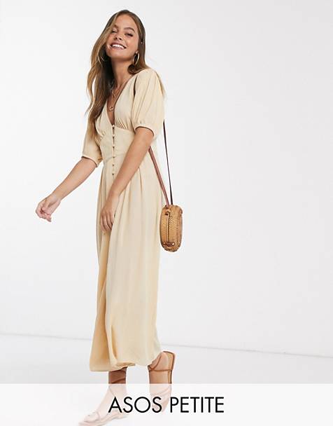 ASOS DESIGN Petite crinkle tea jumpsuit with puff sleeve in stone