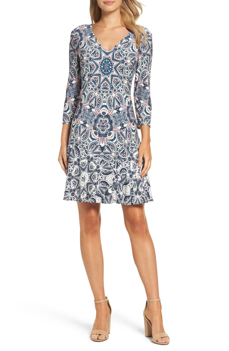 ELIZA J Print Knit A-Line Dress, Main, color, TEAL